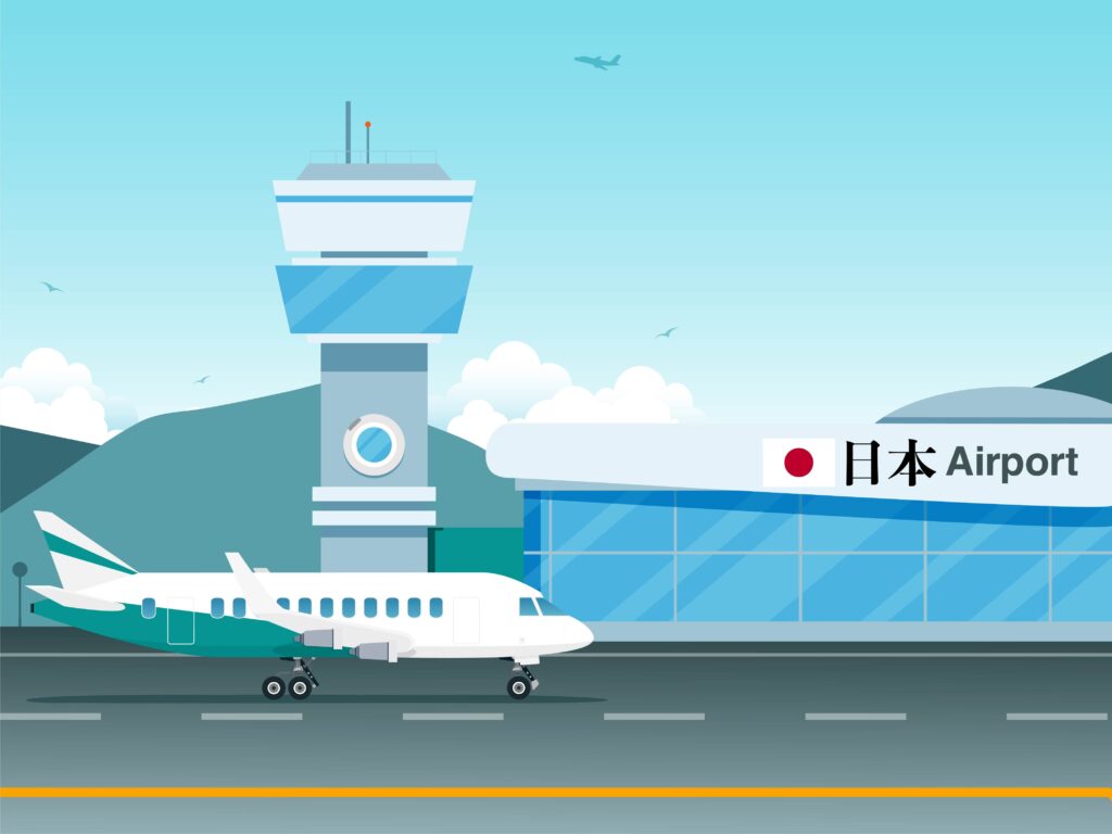 airplane landing in japan airport illustration in blue