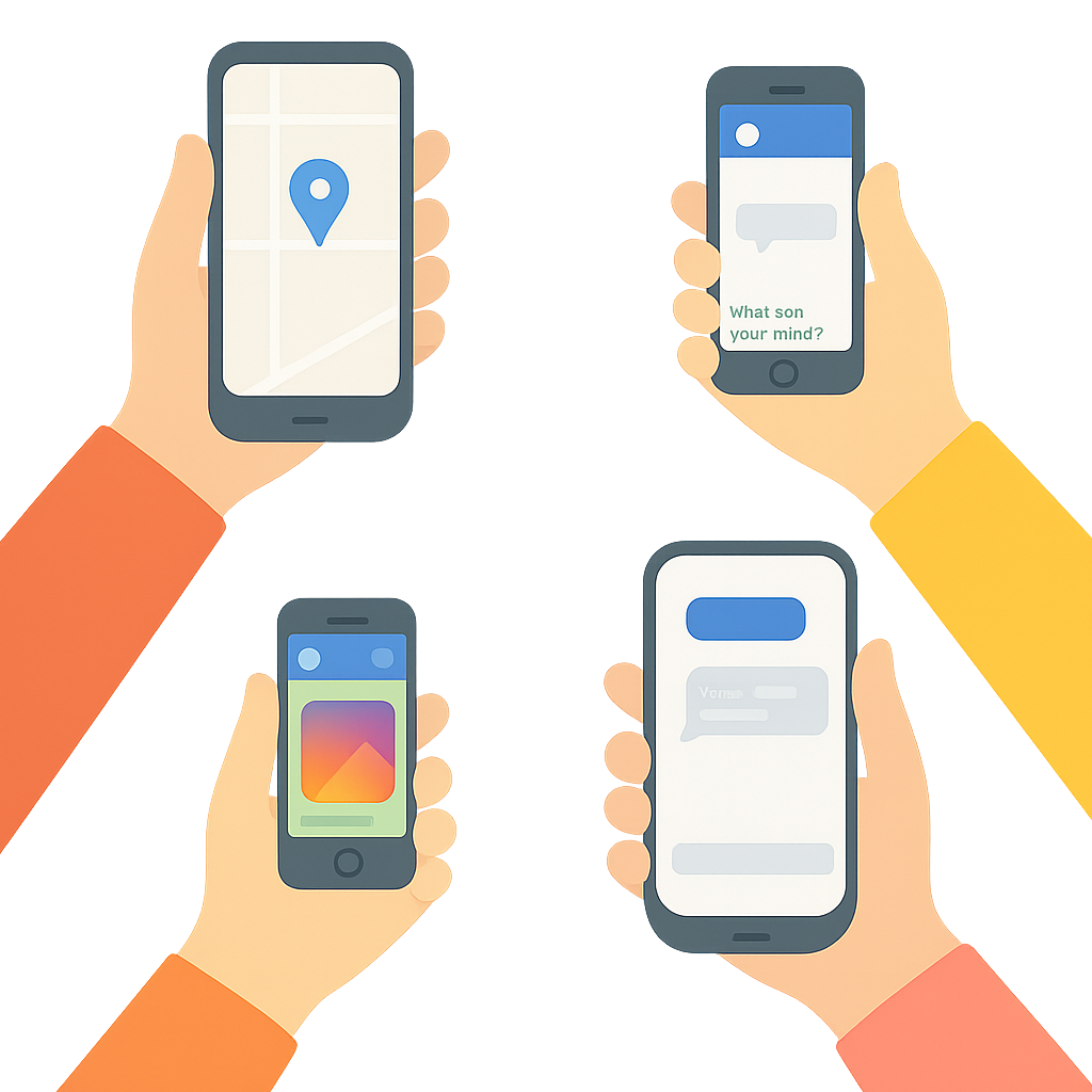 Illustration of hands holding smartphones displaying maps, messages, and app screens.