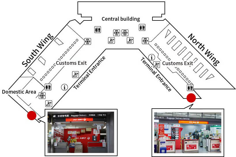 narita airport terminal 1 south and north wing JAL ABC counter map pinned in red