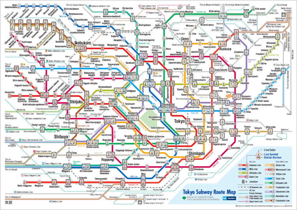 Tokyo subway route map for tourists.