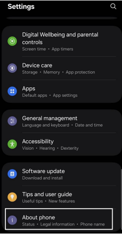 Android device settings app inside
