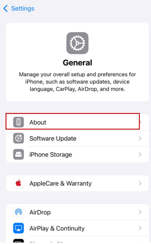 iPhone settings, About field circled in red inside Settings -> General
