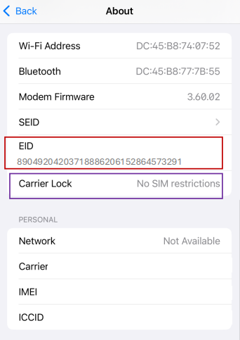 iPhone About field inside Settings-> General, with EID circled in red