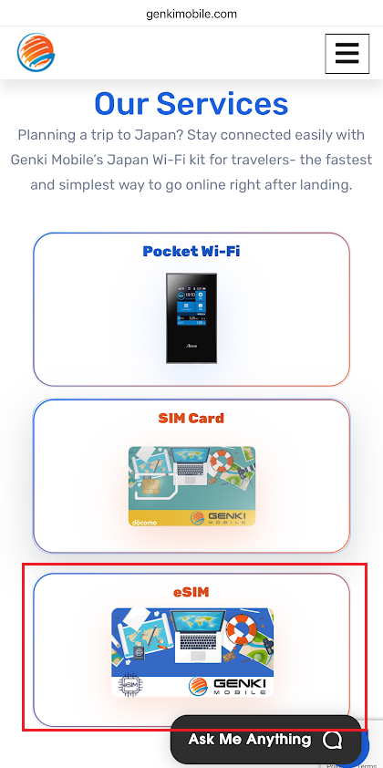 Genki Mobile services with travel eSIM circled in red