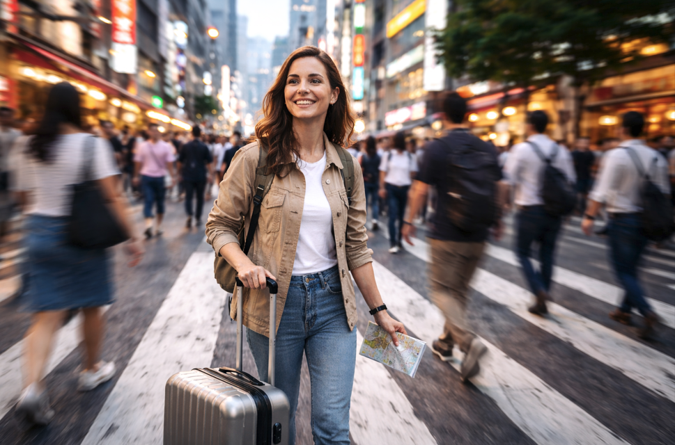 Tourist in Japan with well-packed luggage getting around in Japan without a problem 