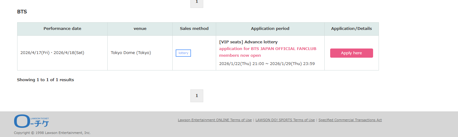 L-Tike Lawson ticket lottery system BTS 2026 Japan tour entry