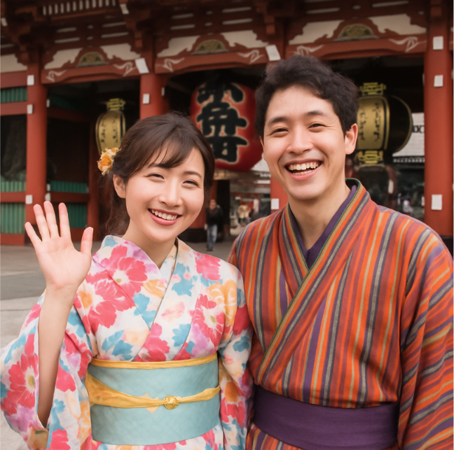 A couple in Asakusa wearing Kimono- Japanese traditional clothing in Asakusa
