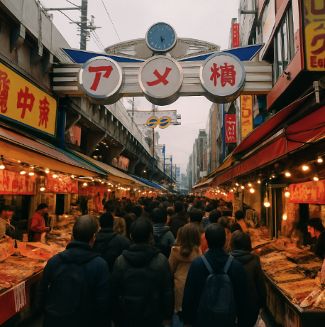 Ameyoko street in Ueno busy with tourists.