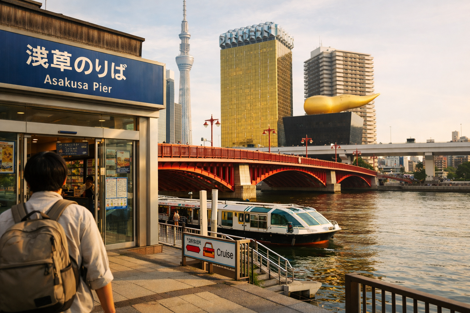 Asakusa Pier near Azuma-bashi Bridge with Sumida River cruise boat in Tokyo