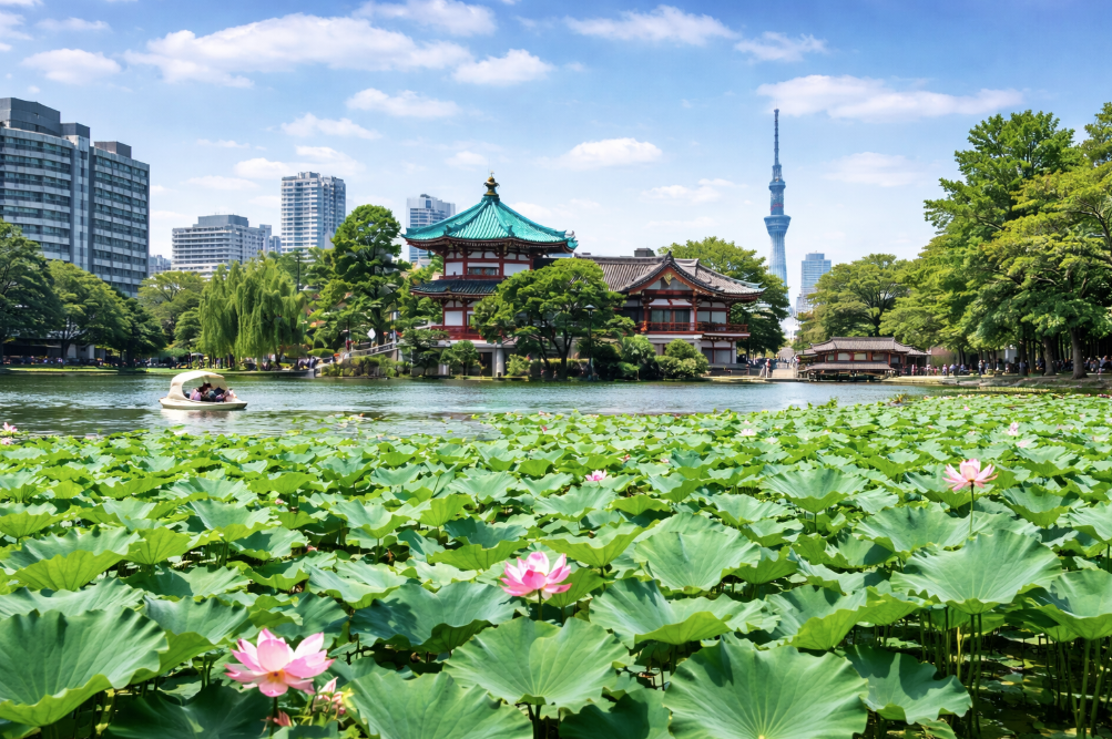 Shinobazu pond in a clear day with fully bloomed lotus flowers