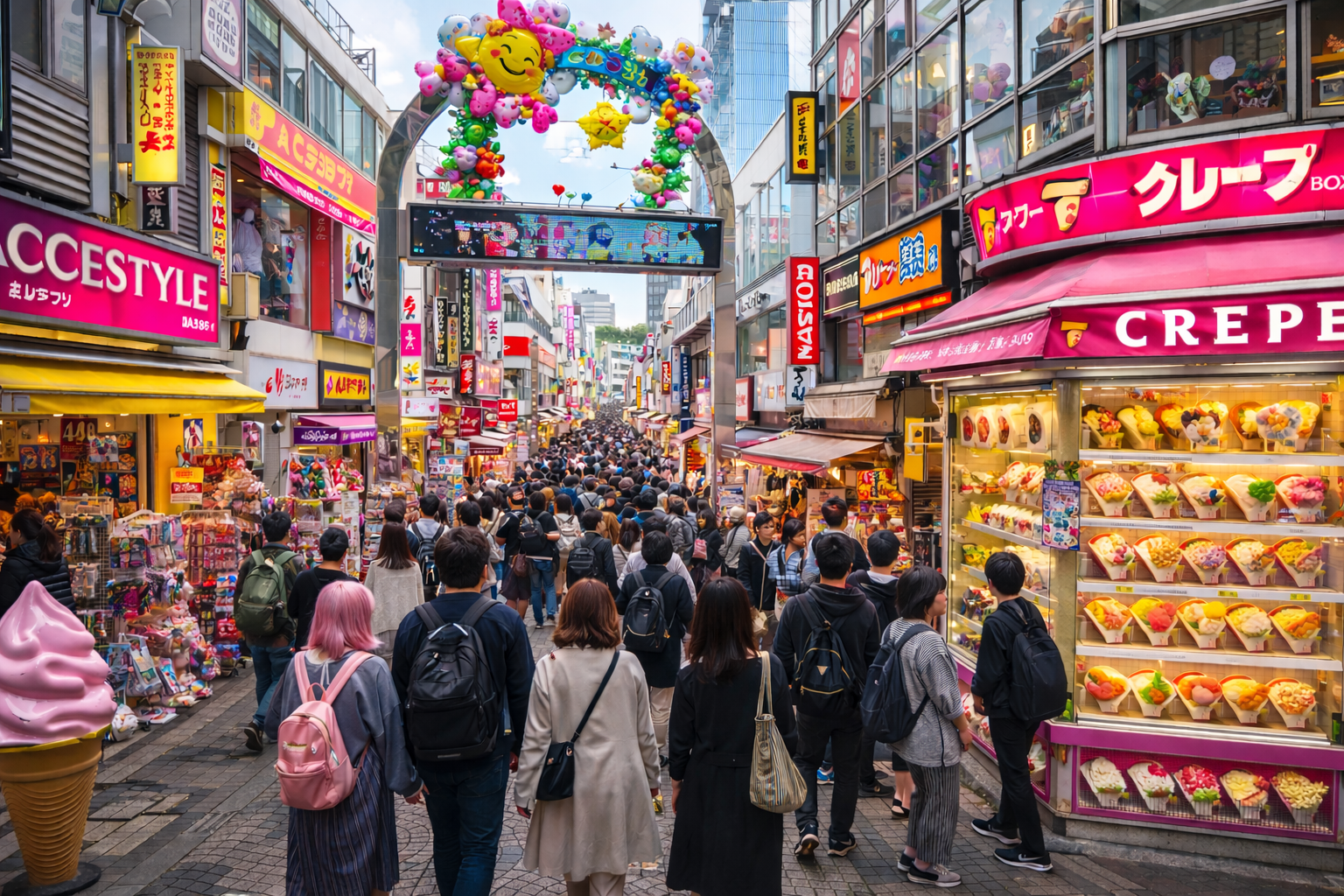 Crowded Takeshita Street with colorful shops and crepe stands.