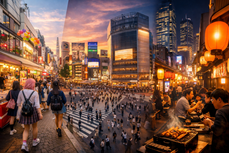 Harajuku, Shibuya Crossing, and Shinjuku at sunset and night in Tokyo