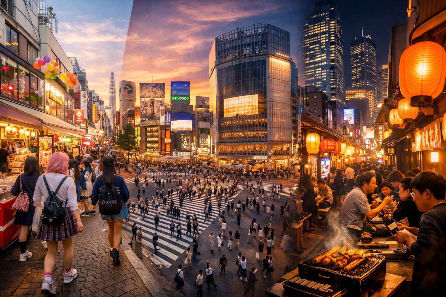 Harajuku, Shibuya Crossing, and Shinjuku at sunset and night in Tokyo