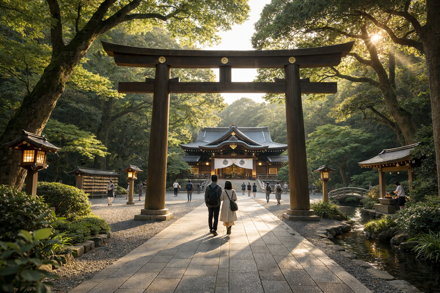 Morning view of Meiji Jingu Shrine framed by a wooden torii gate.