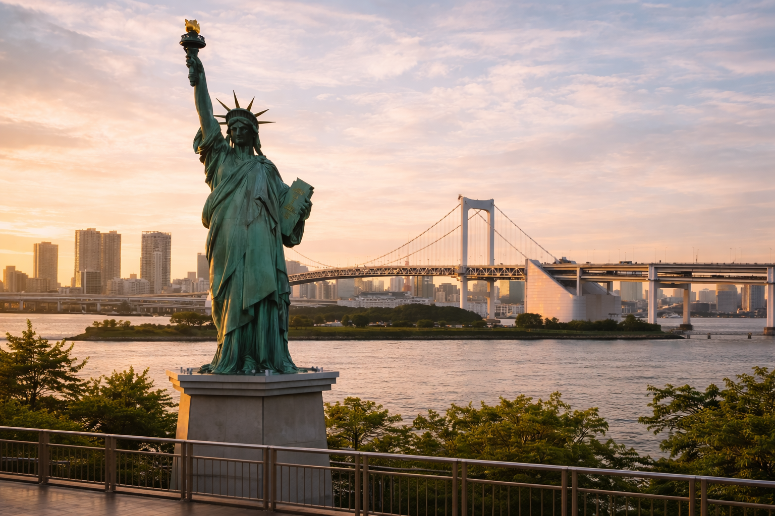 Odaiba Statue of Liberty with Rainbow Bridge at sunset in Tokyo
