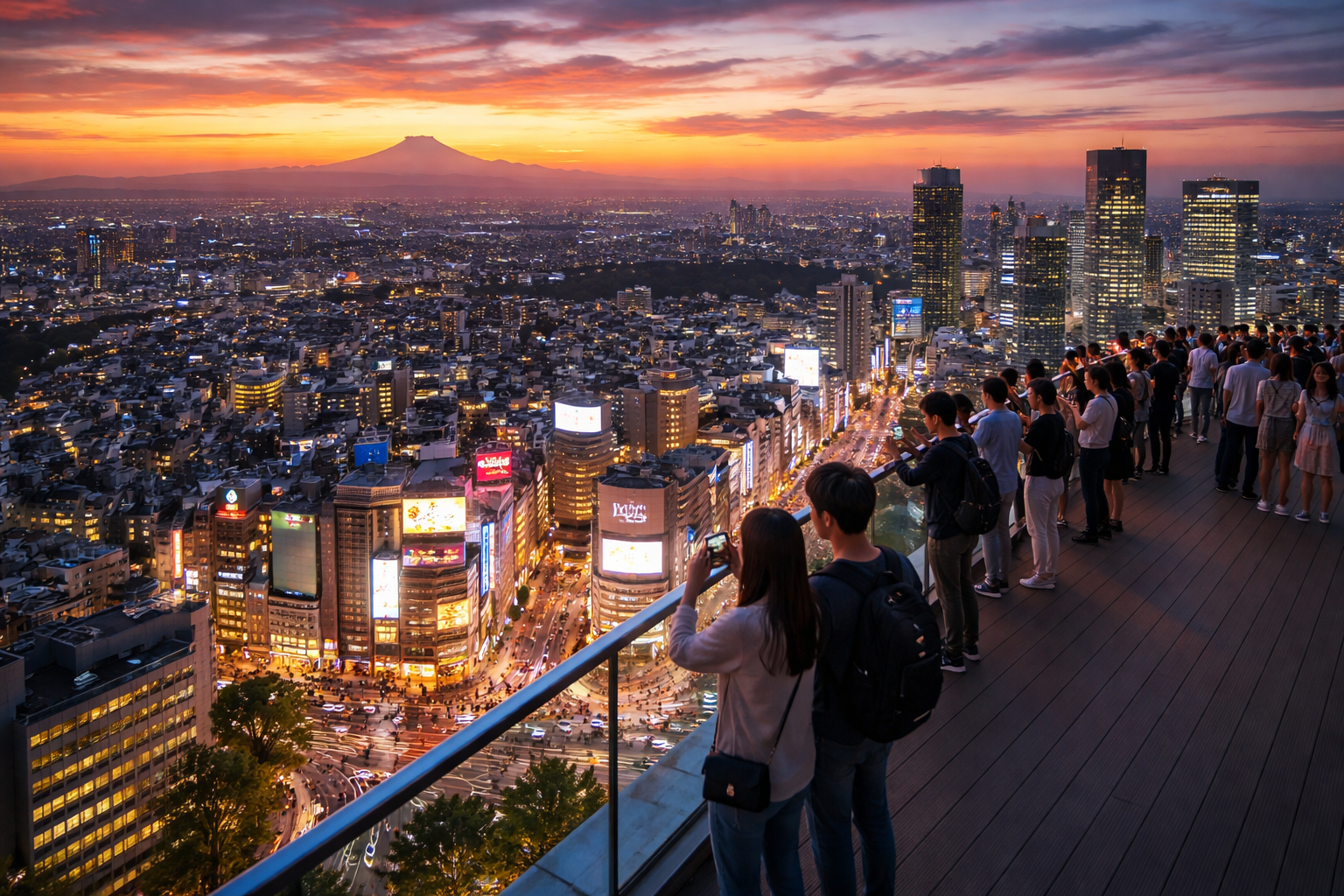 Sunset view from Shibuya Sky observation deck overlooking Tokyo skyline and Shibuya Crossing.