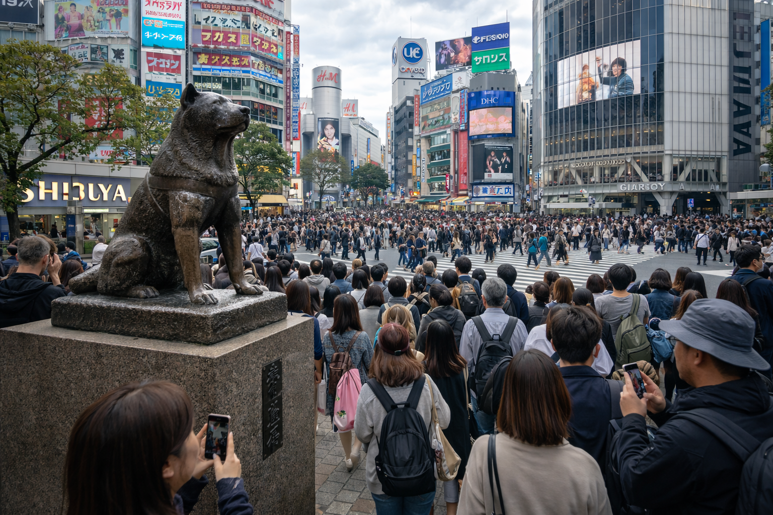 Hachiko statue near Shibuya Crossing with busy crowds.