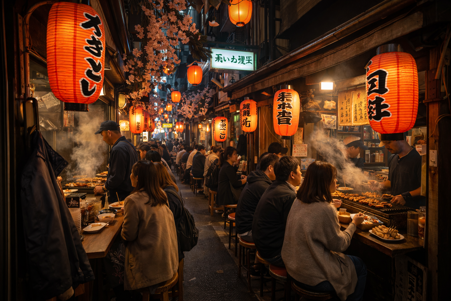 Lantern-lit alley in Omoide Yokocho with yakitori stalls at night.