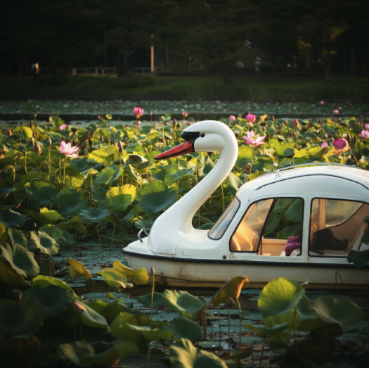A swan boat swimming on Shinobazu Pond with fully bloomed lotus-flowers