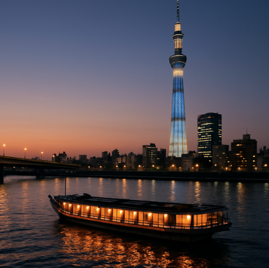 Skytree and Sumida river view with a sumida river boat on the river