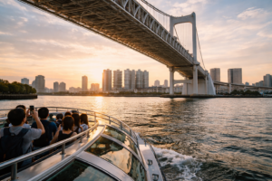 Asakusa Pier near Azuma-bashi Bridge with Sumida River cruise boat in Tokyo