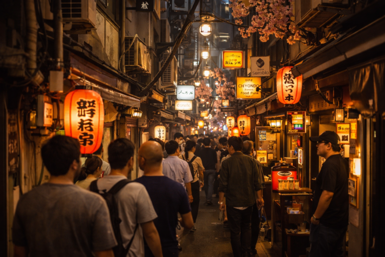 Golden Gai narrow alley in Shinjuku filled with small bars and glowing lanterns at night.