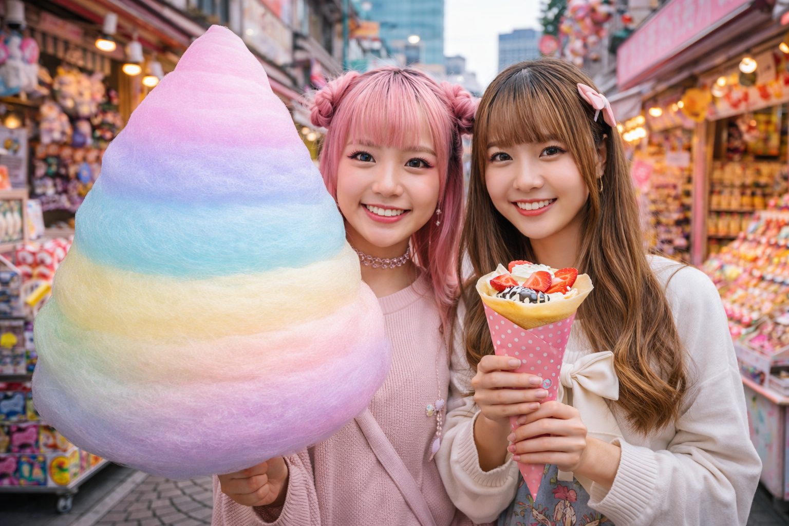 Teens in Harajuku holding rainbow cotton candy and a strawberry crepe on Takeshita Street.