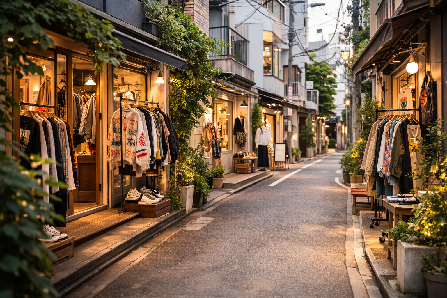 Quiet backstreet in Ura-Harajuku with independent boutiques and curated vintage clothing shops.