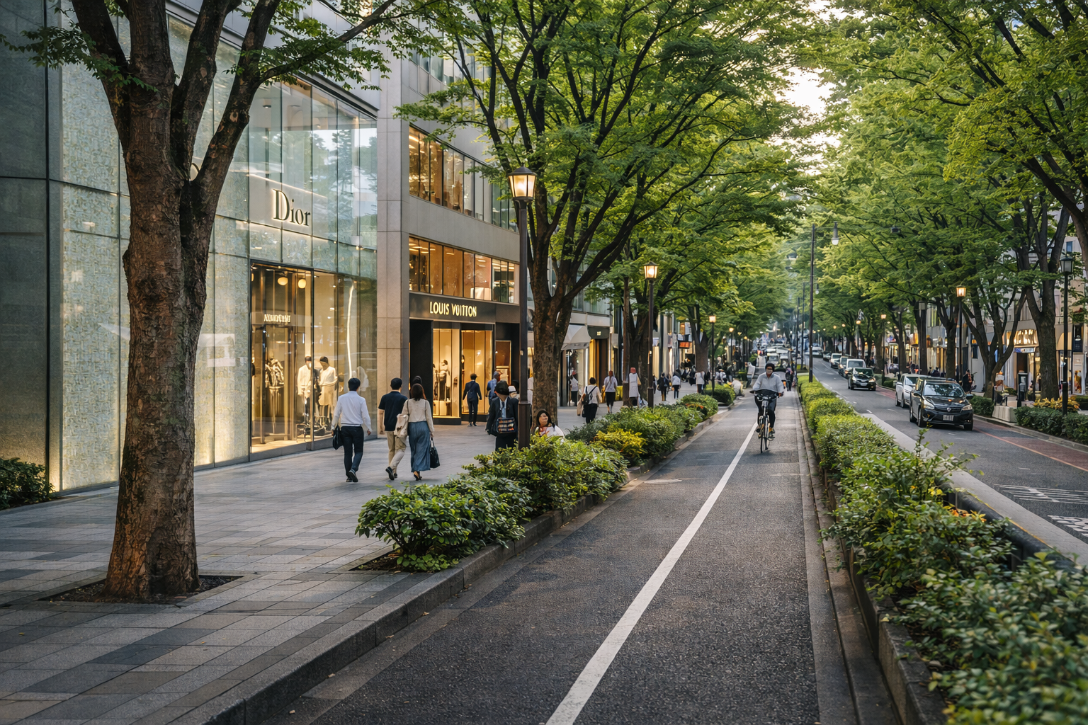 Tree-lined Omotesando avenue in Tokyo with modern luxury storefront architecture.