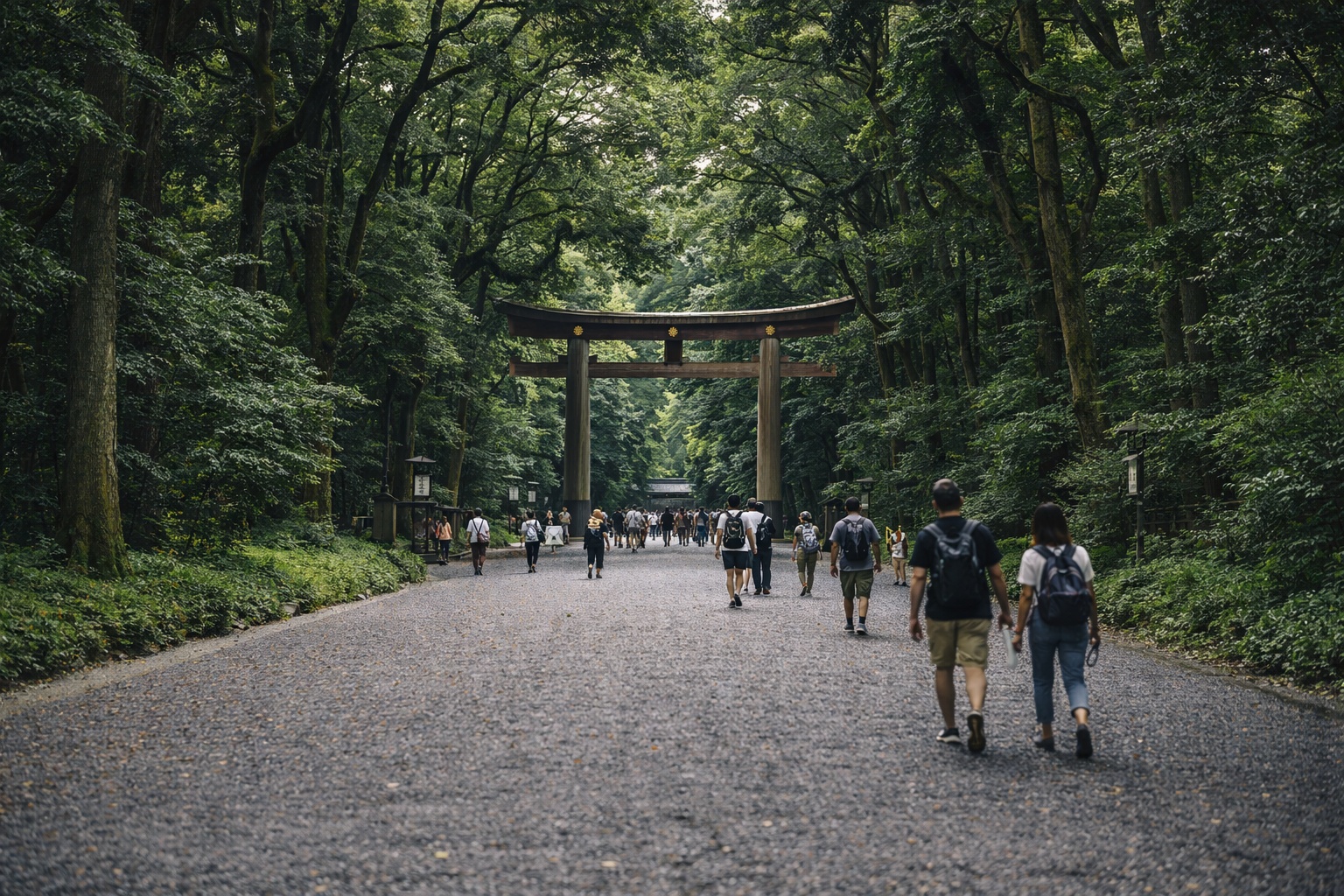 Wide gravel path leading through Yoyogi Forest toward a large wooden torii gate at Meiji Shrine.