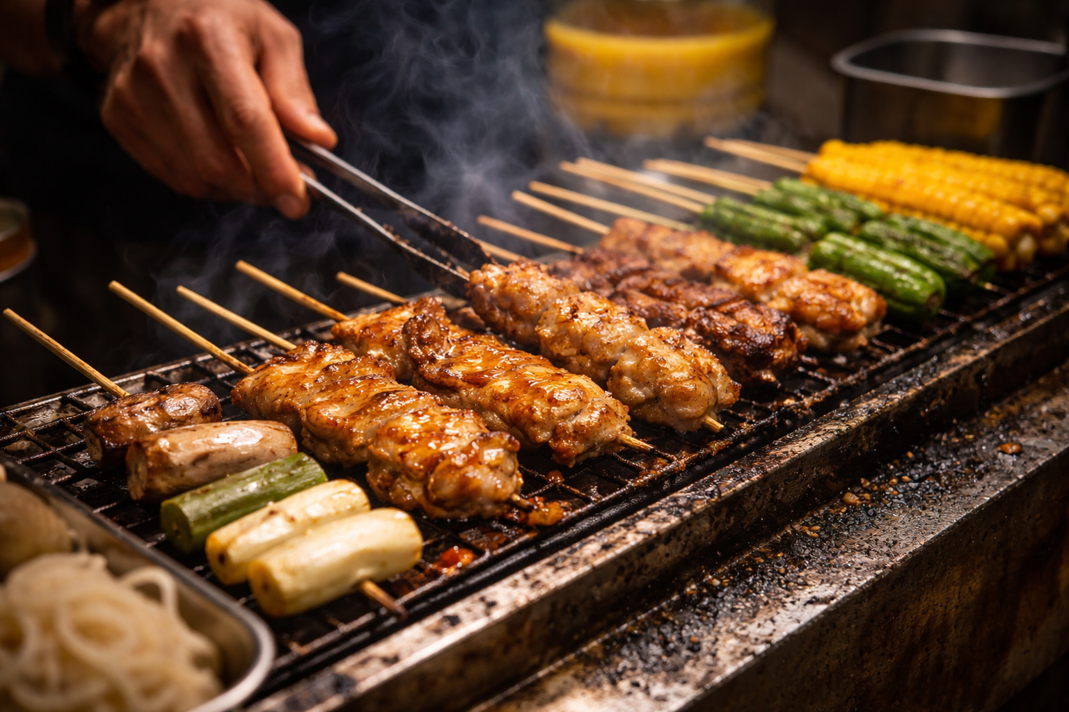 Yakitori skewers grilling over charcoal at a street stall in Omoide Yokocho Shinjuku.