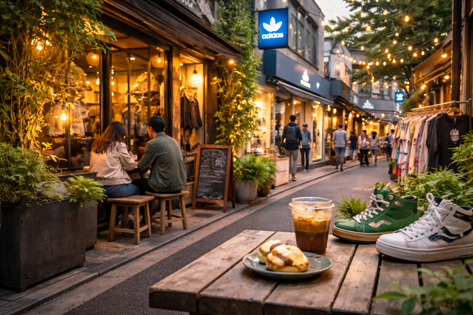 Cat Street in Harajuku with indie fashion boutiques, streetwear shops, and relaxed café setting.