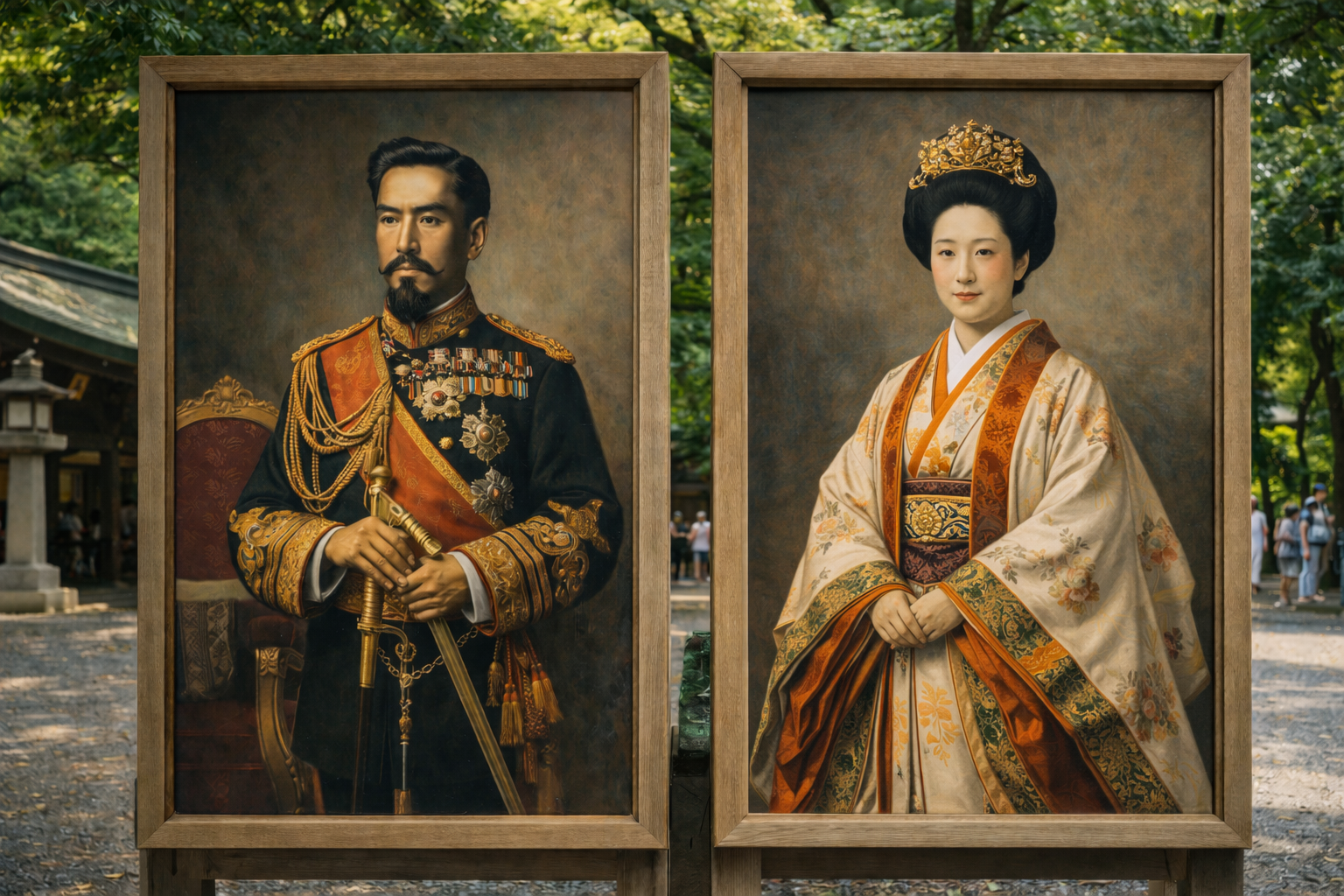 Portraits of Emperor Meiji and Empress Shoken displayed at Meiji Shrine in Tokyo.
