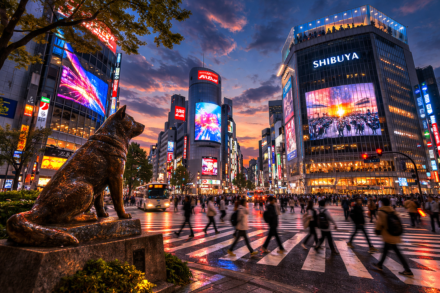 Vibrant night in Shibuya with visible Hachiko Statue and shibuya crossing