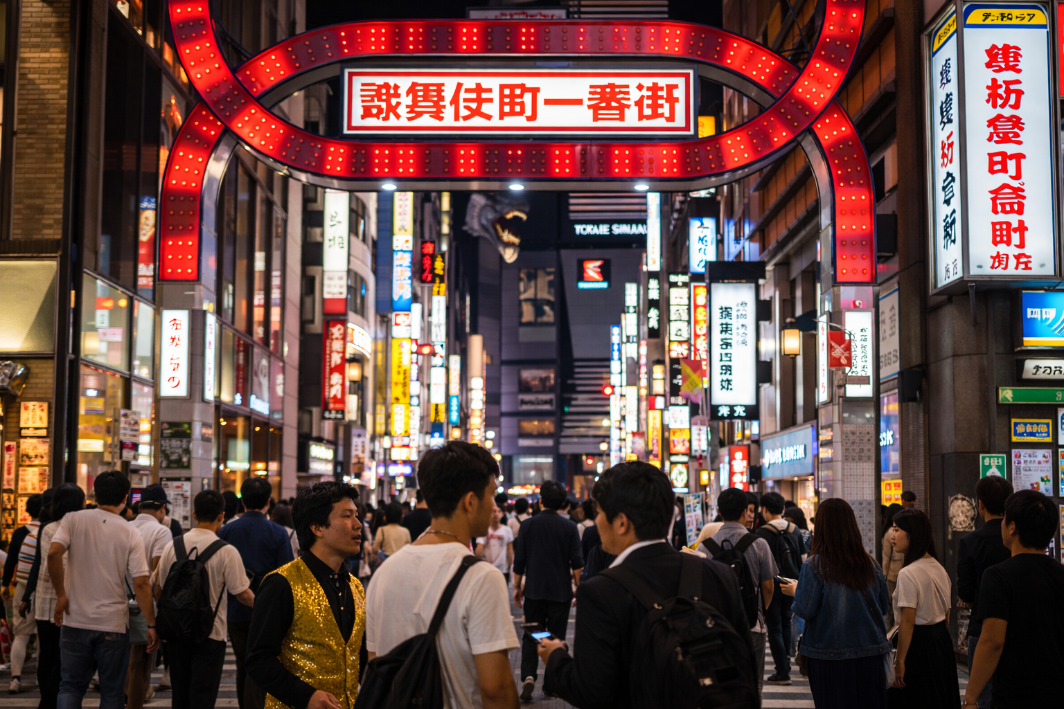 Kabukicho Ichibangai entrance arch glowing with neon lights in Shinjuku nightlife district.