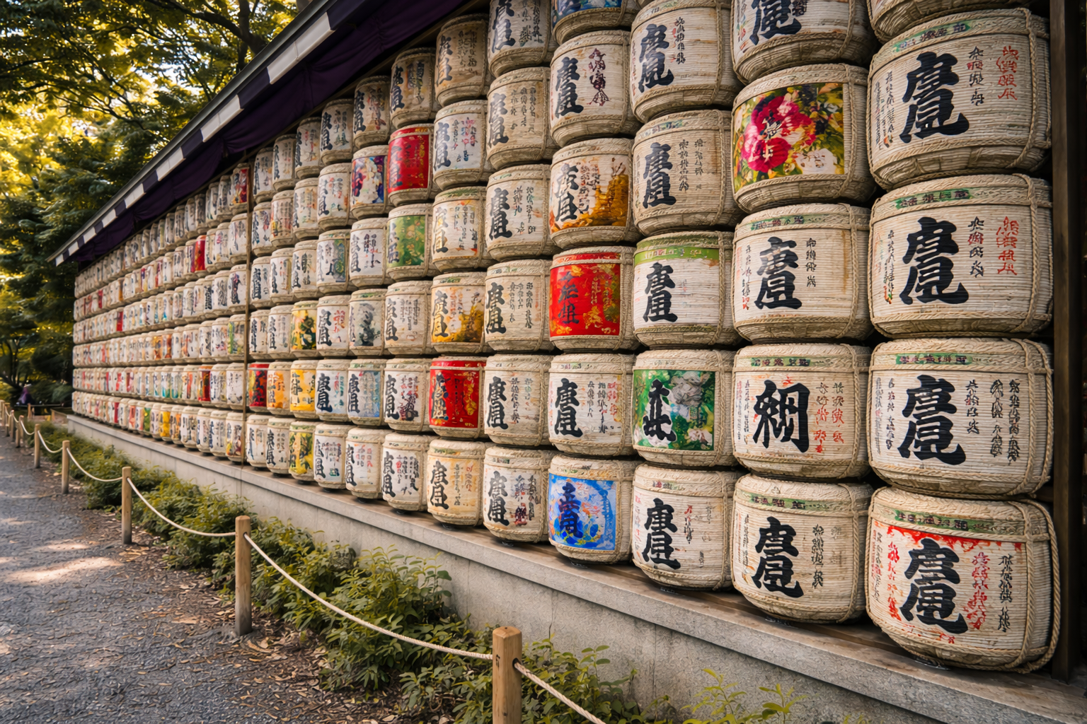 Close-up angled view of straw-wrapped sake barrels with Japanese calligraphy at Meiji Shrine.
