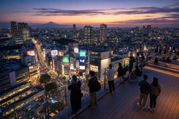 Shibuya Sky observation deck overlooking Shibuya Crossing at sunset with panoramic Tokyo skyline views.
