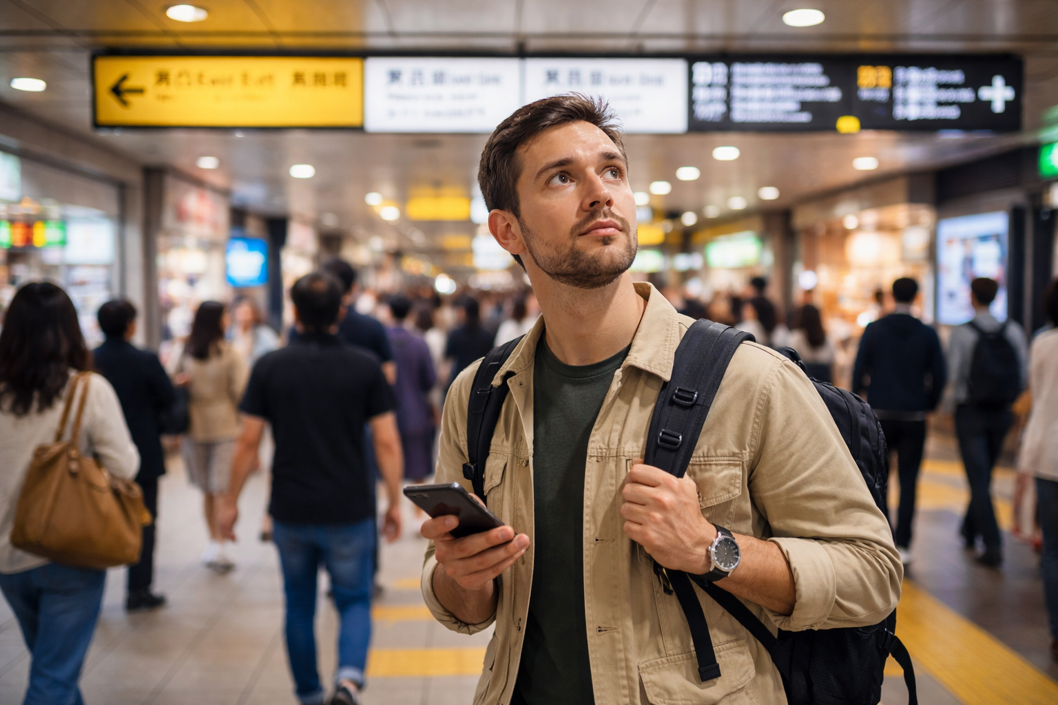 Tourist holding smartphone with Google Maps inside a busy Shinjuku train station in Tokyo.
