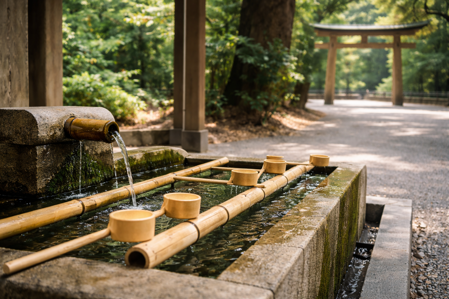 Traditional stone temizuya purification basin with bamboo ladles in Yoyogi Forest at Meiji Shrine.