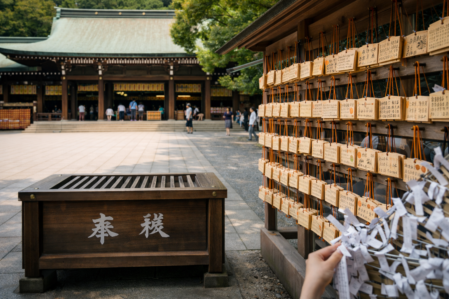 Meiji Shrine main courtyard with wooden offering box and racks of ema prayer plaques.
